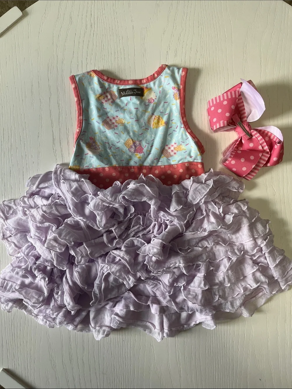 Matilda Jane Lavender Ruffle Dress with Pink Polka Dot Accents